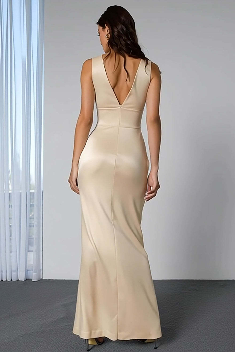 Champagne Mermaid Double V-Neck Long Bridesmaid Dress