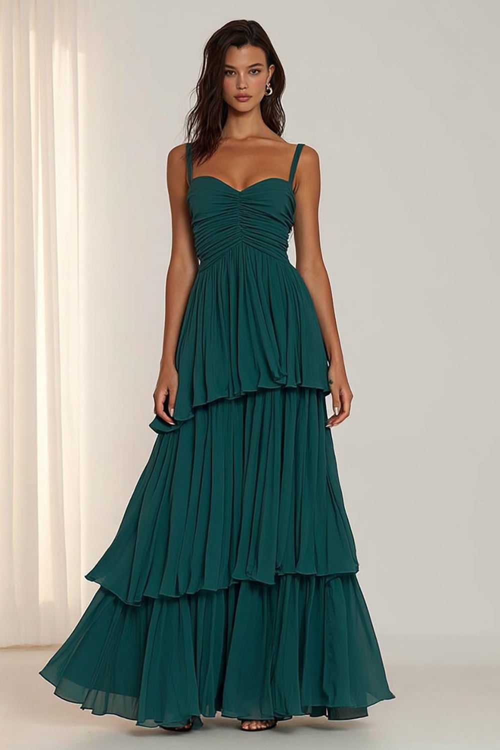 Dark Green Tiered Spaghetti Straps Ruffled Long Bridesmaid Dress