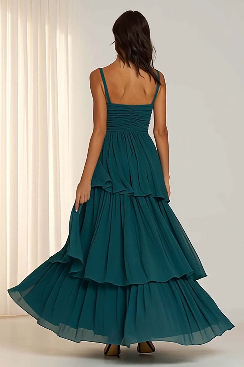 Dark Green Tiered Spaghetti Straps Ruffled Long Bridesmaid Dress