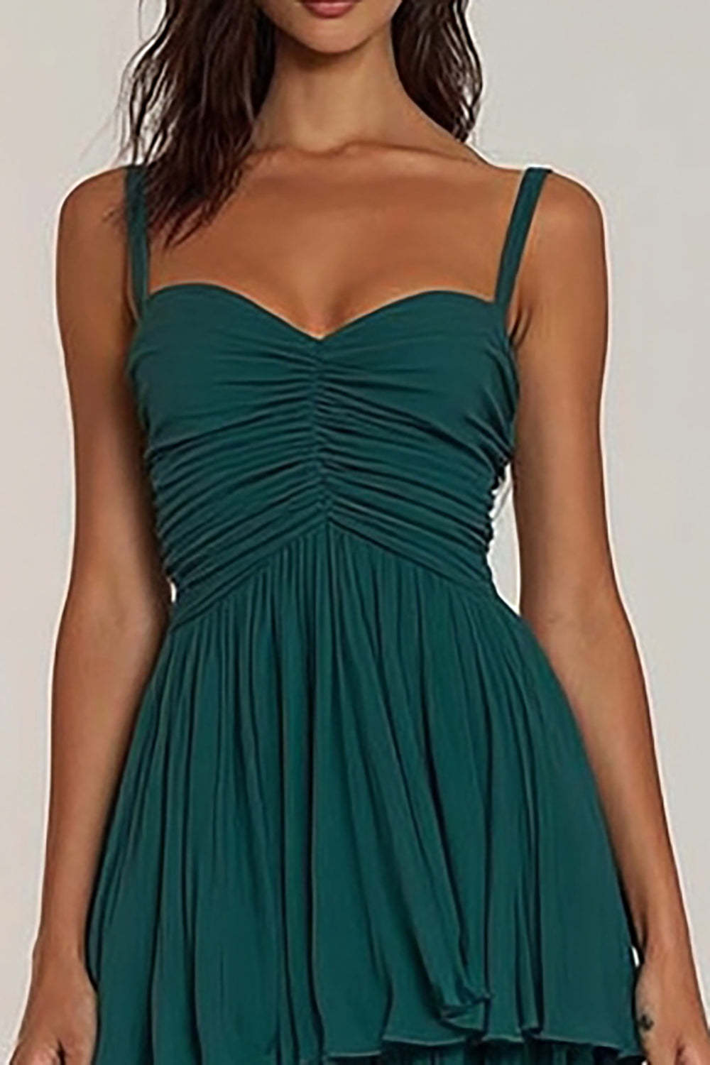 Dark Green Tiered Spaghetti Straps Ruffled Long Bridesmaid Dress
