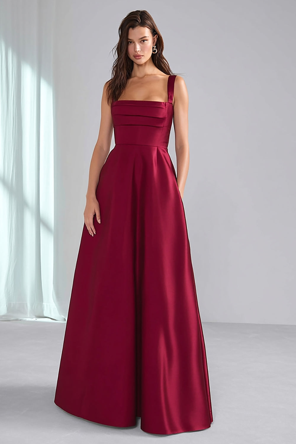 Leely Women Burgundy Long Bridesmaid Dress A Line Thick Straps Square Neck Backless Wedding Guest Dress