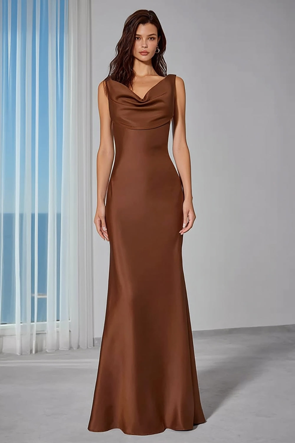 Brown Sleeveless Cowl Neck Mermaid Maxi Bridesmaid Dress