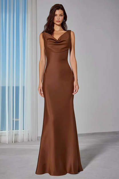 Leely Women Brown Sheath Maxi Bridesmaid Dress Satin Cowl Neck Ruched Sleeveless Wedding Guest Dress