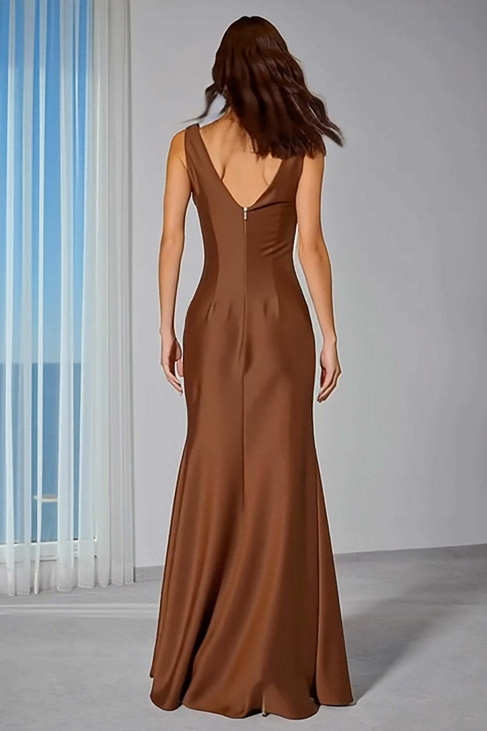 Brown Sleeveless Cowl Neck Mermaid Maxi Bridesmaid Dress