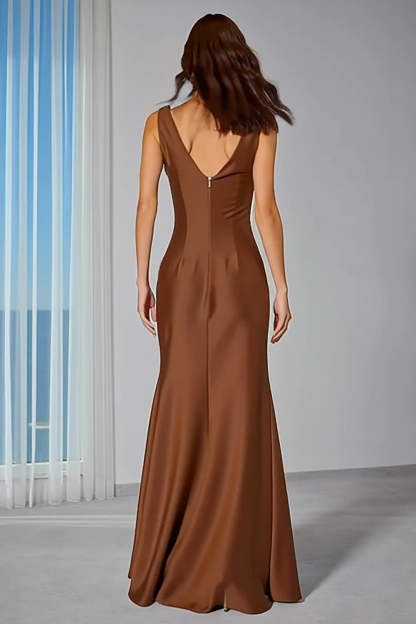 Brown Sleeveless Cowl Neck Mermaid Maxi Bridesmaid Dress