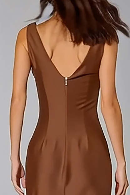 Brown Sleeveless Cowl Neck Mermaid Maxi Bridesmaid Dress