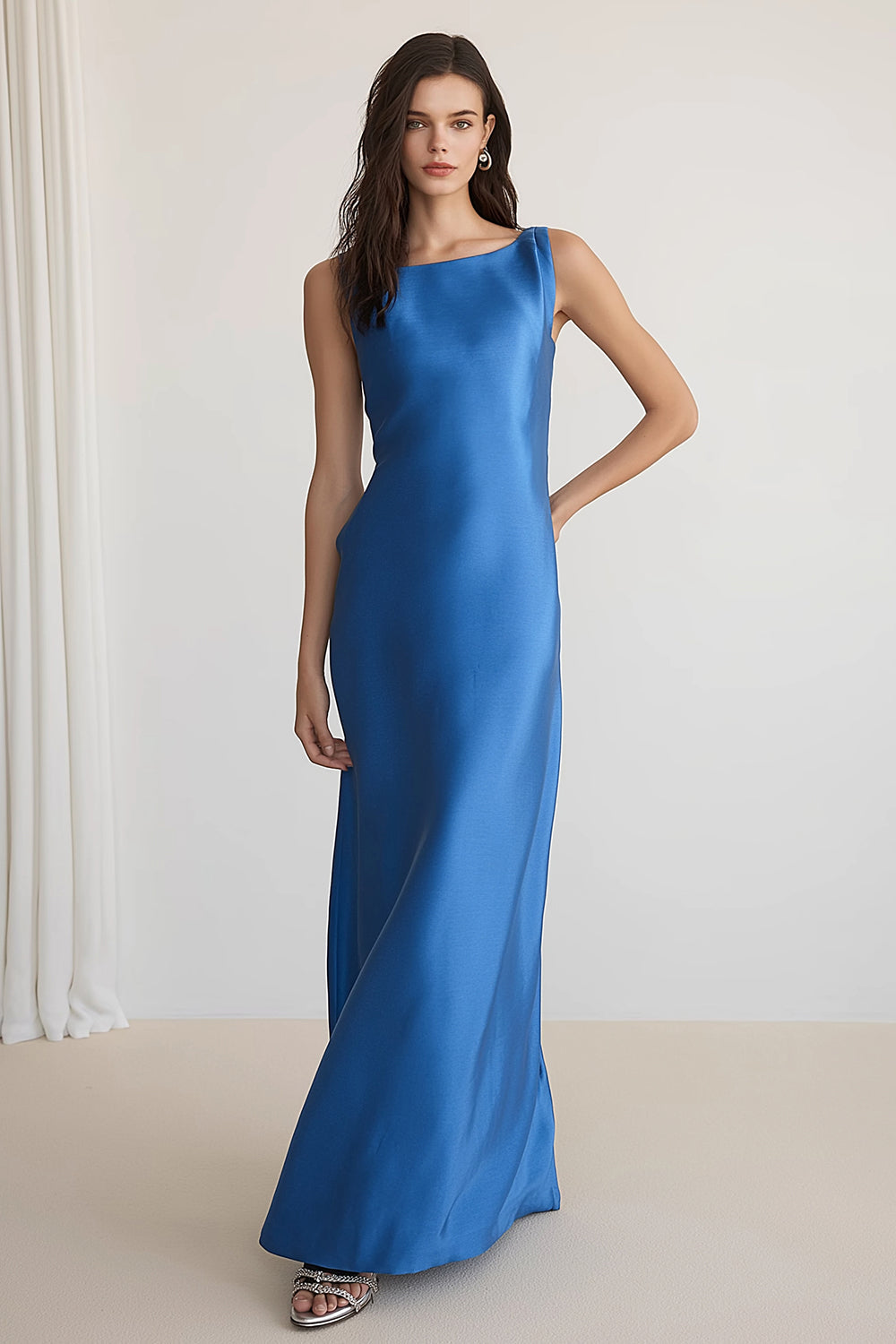 princess polly baby blue dress Leely Women Royal Blue Sheath Satin Long Bridesmaid Dress Boat Neck Backless Wedding Guest Dress