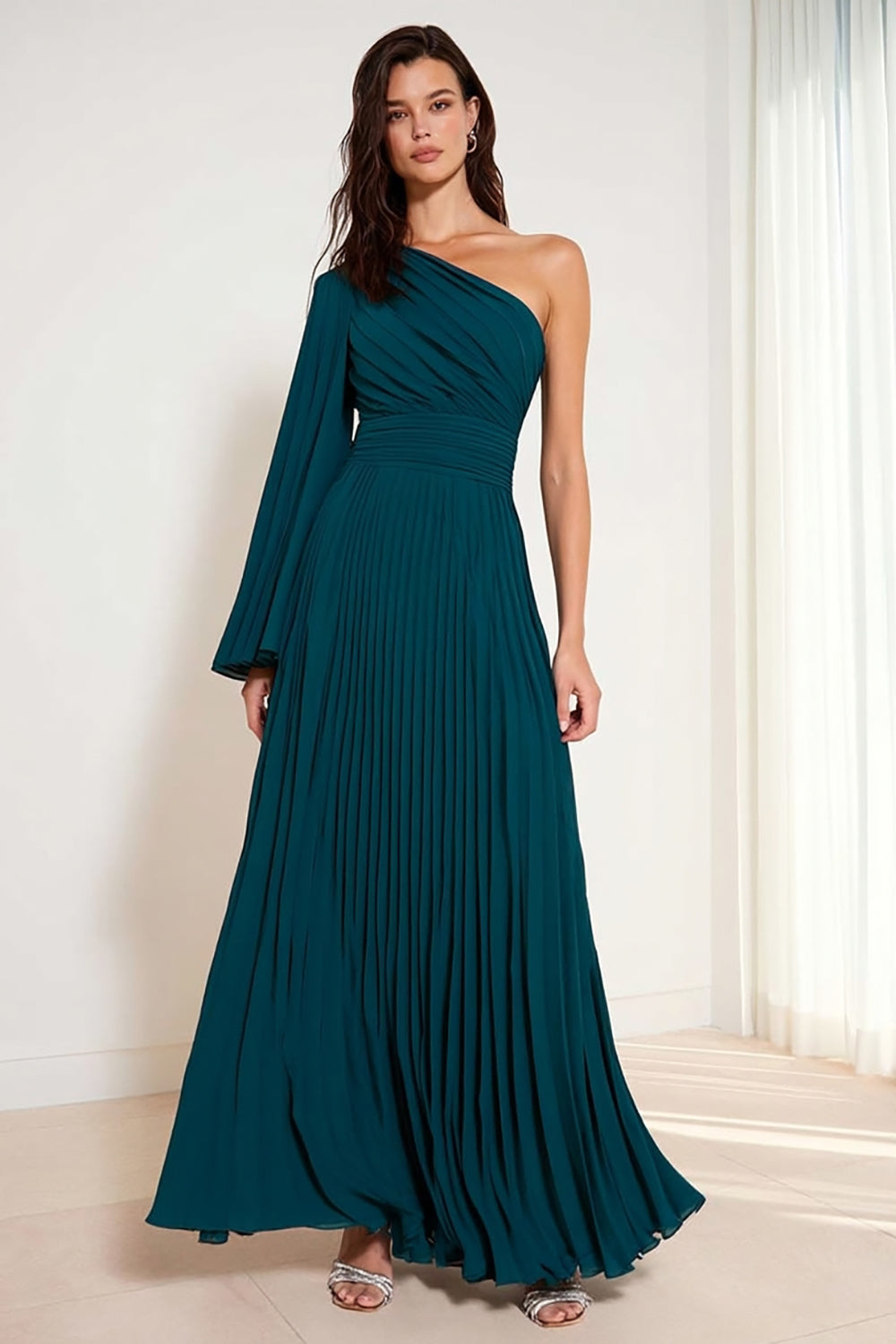 Leely Women Peacock Green Pleated Long Bridesmaid Dress with Sleeves Ruched One Shoulder A Line Wedding Guest Dress