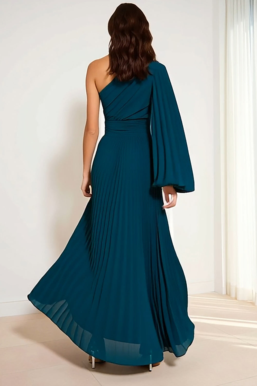 Peacock Green Pleated One Shoulder Long Bridesmaid Dress with Sleeves