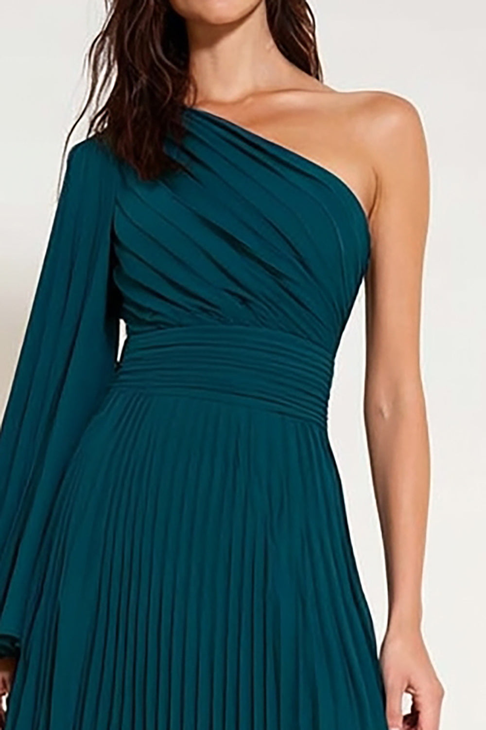 Peacock Green Pleated One Shoulder Long Bridesmaid Dress with Sleeves