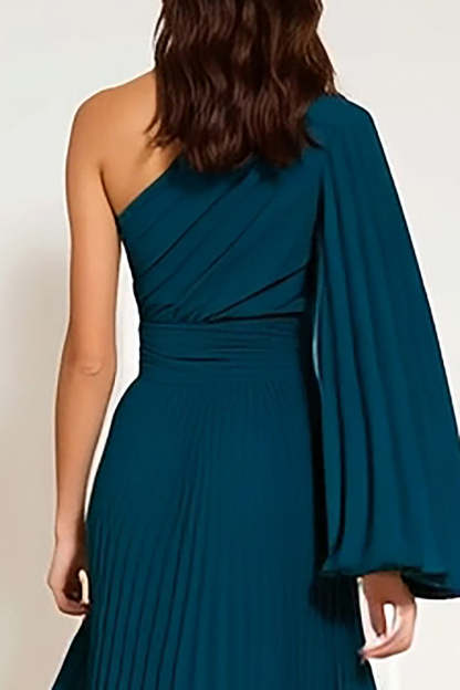 Peacock Green Pleated One Shoulder Long Bridesmaid Dress with Sleeves