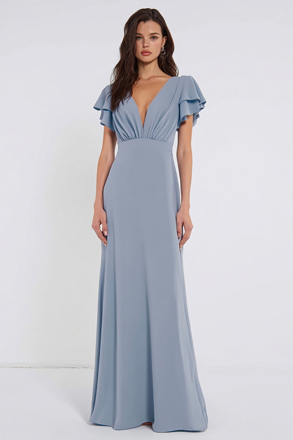 Leely Women Dusty Blue Sheath Maxi Bridesmaid Dress with Sleeves V-Neck Backless Wedding Guest Dress