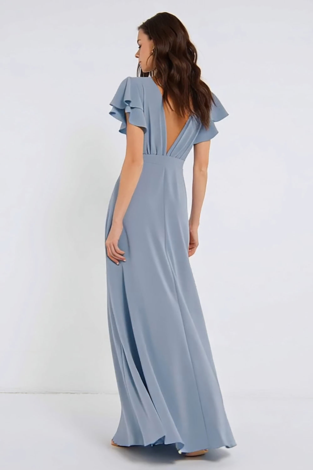 Dusty Blue Sheath V-Neck Backless Long Bridesmaid Dress with Sleeves