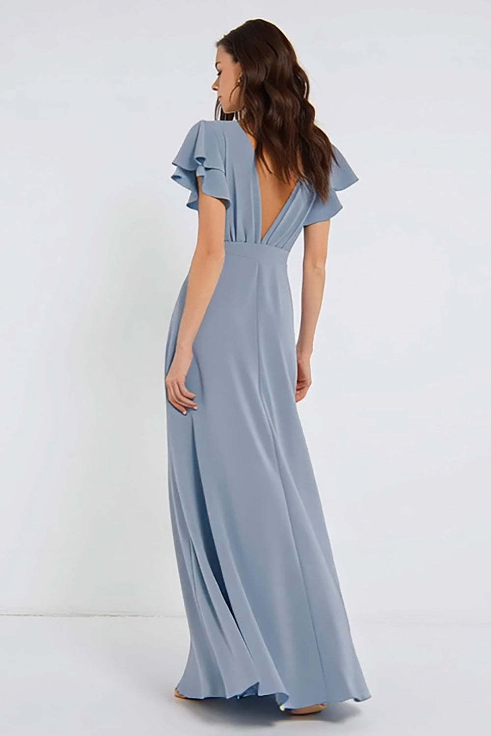 Dusty Blue Sheath V-Neck Backless Long Bridesmaid Dress with Sleeves