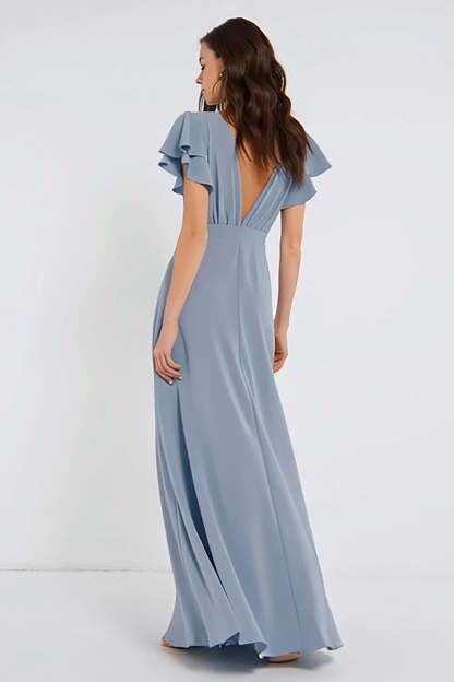 Dusty Blue Sheath V-Neck Backless Long Bridesmaid Dress with Sleeves