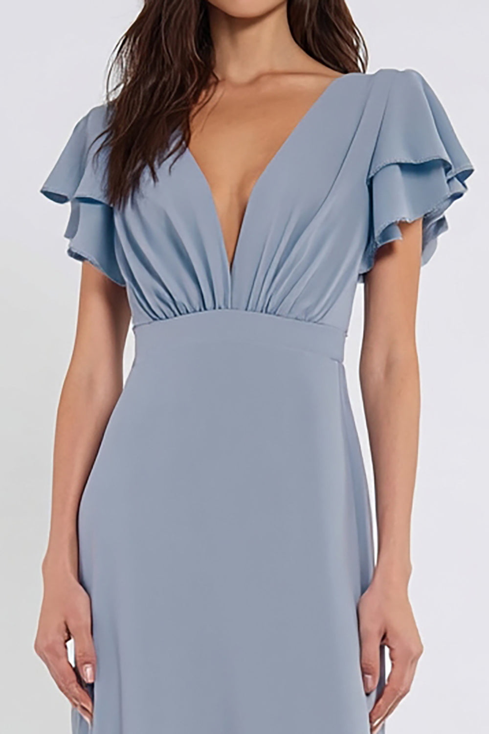 Dusty Blue Sheath V-Neck Backless Long Bridesmaid Dress with Sleeves