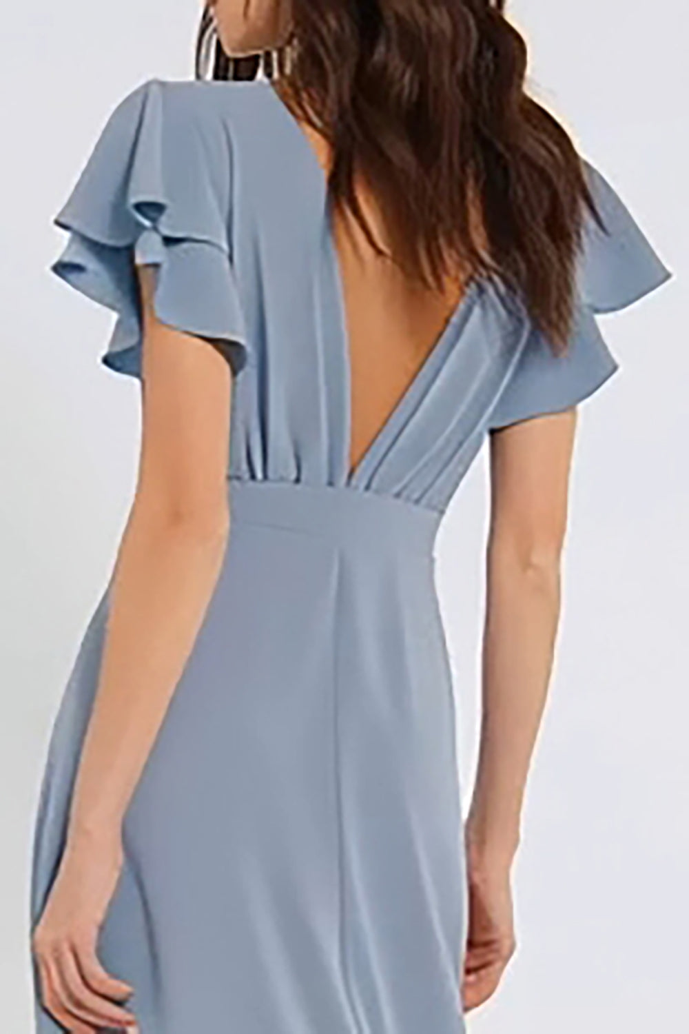 Dusty Blue Sheath V-Neck Backless Long Bridesmaid Dress with Sleeves