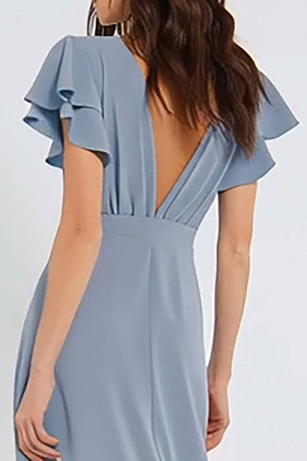Dusty Blue Sheath V-Neck Backless Long Bridesmaid Dress with Sleeves