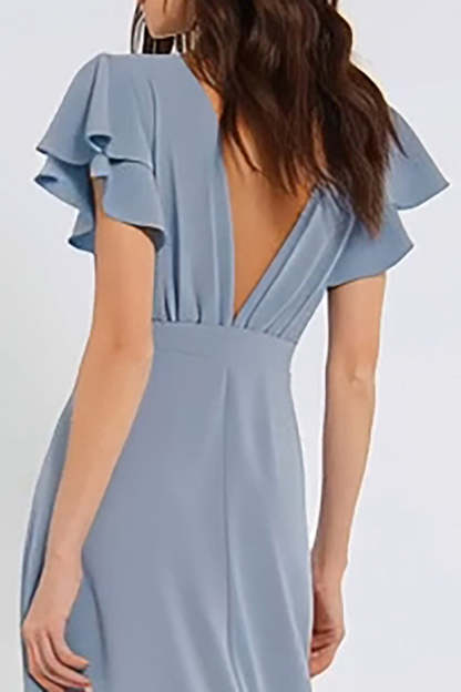 Dusty Blue Sheath V-Neck Backless Long Bridesmaid Dress with Sleeves