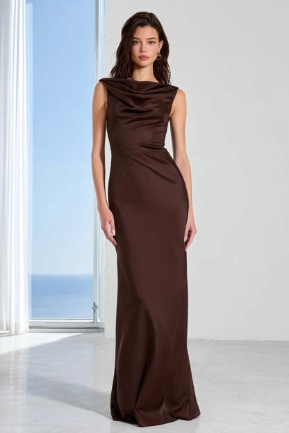 Leely Women Coffee Sheath Ruched Long Bridesmaid Dress Satin Bateau Neck Backless Wedding Guest Dress