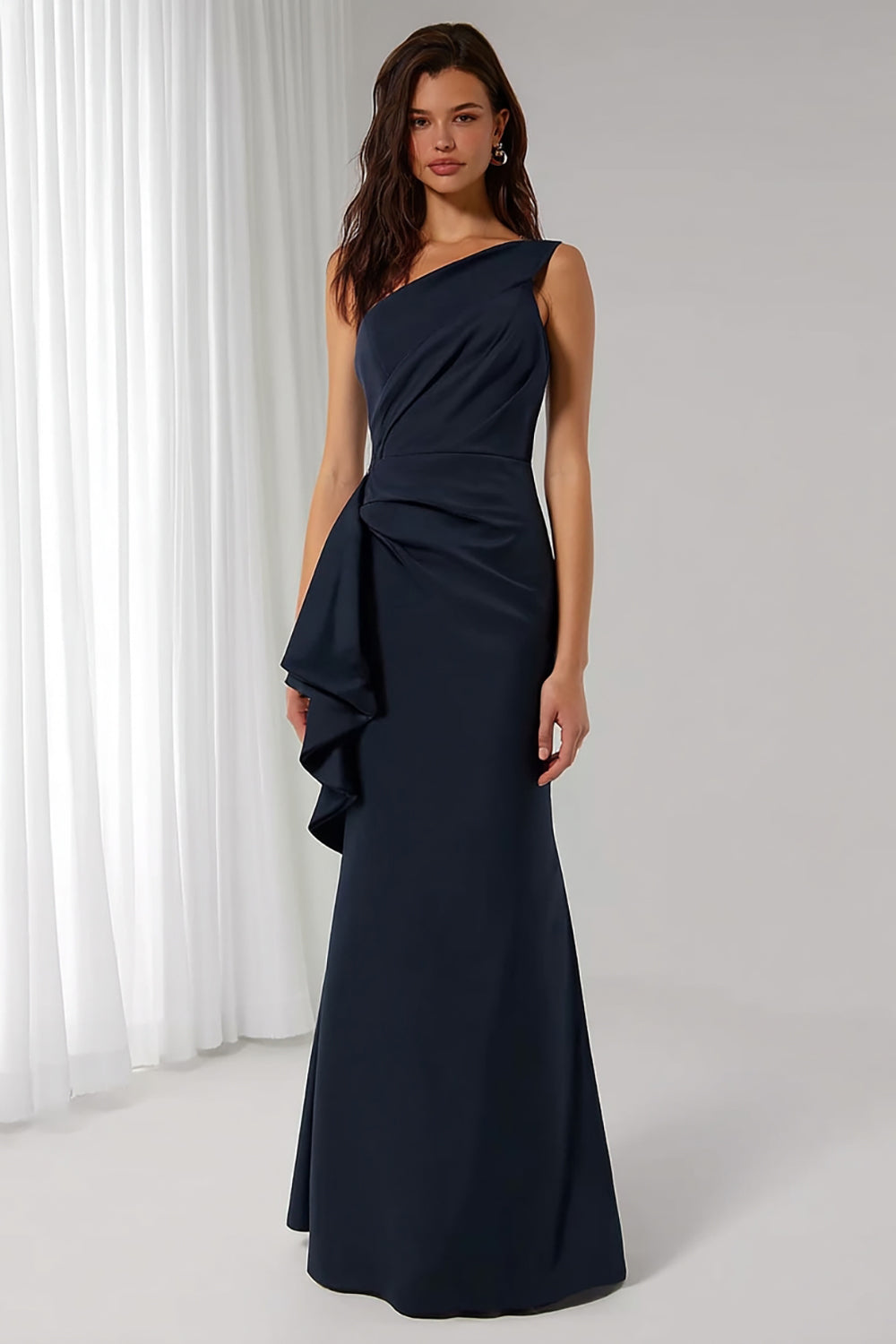 Navy One Shoulder Sheath Long Bridesmaid Dress with Drape