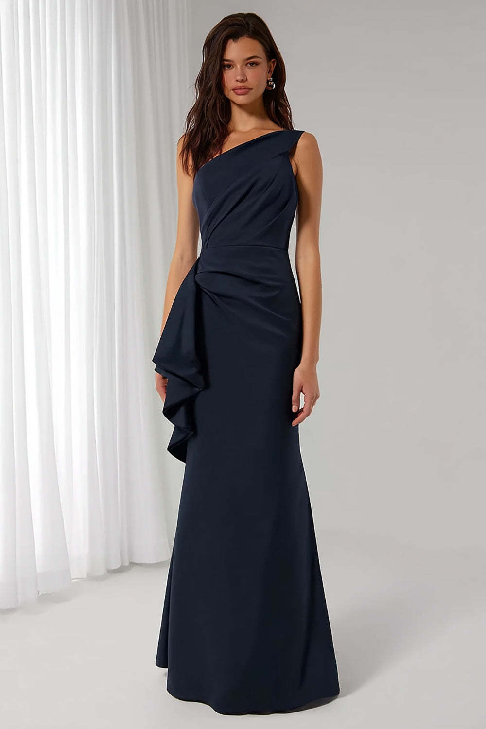 Leely Women Navy Sheath Long Bridesmaid Dress with Drape Backless One Shoulder Wedding Guest Dress