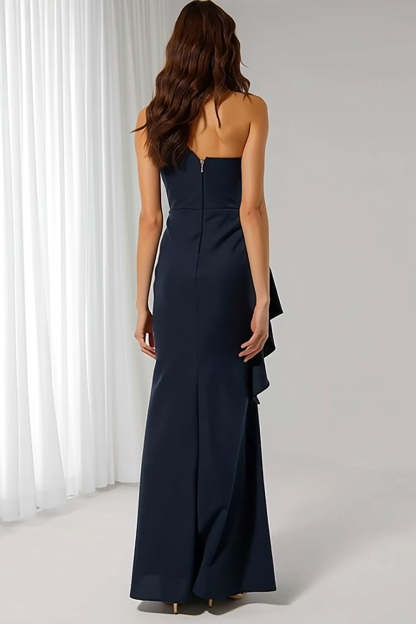 Navy One Shoulder Sheath Long Bridesmaid Dress with Drape