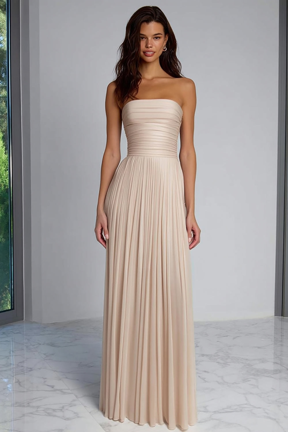 Leely Women Champagne Sheath Pleated Long Bridesmaid Dress Strapless Ruched Wedding Guest Dress