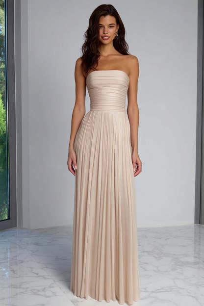 Leely Women Champagne Sheath Pleated Long Bridesmaid Dress Strapless Ruched Wedding Guest Dress