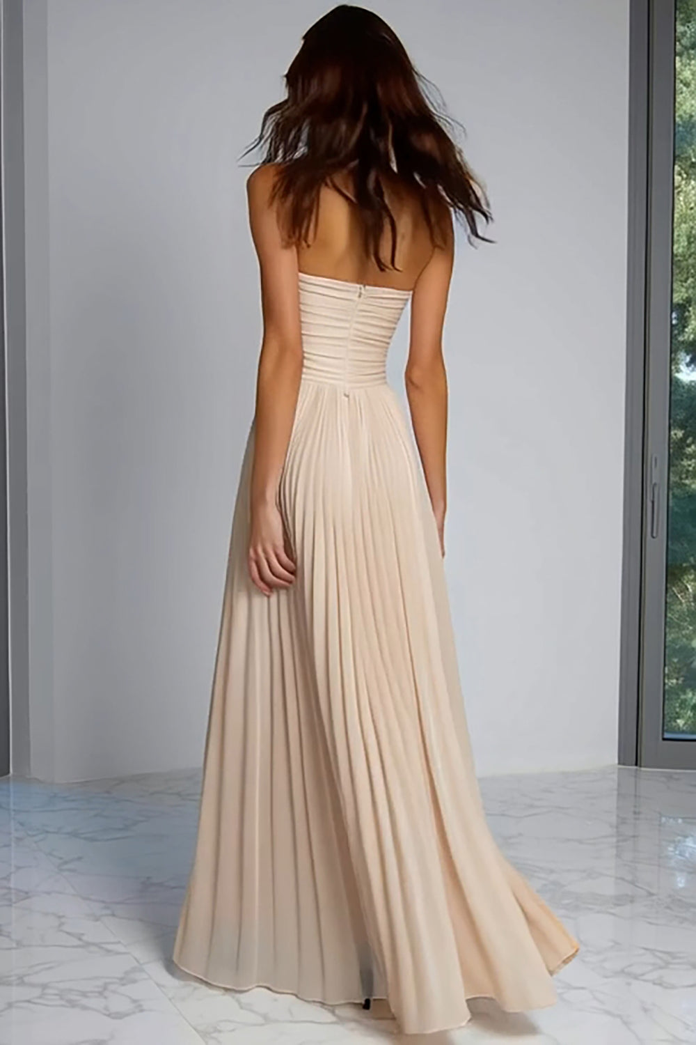 Champagne Pleated Sheath Strapless Long Bridesmaid Dress