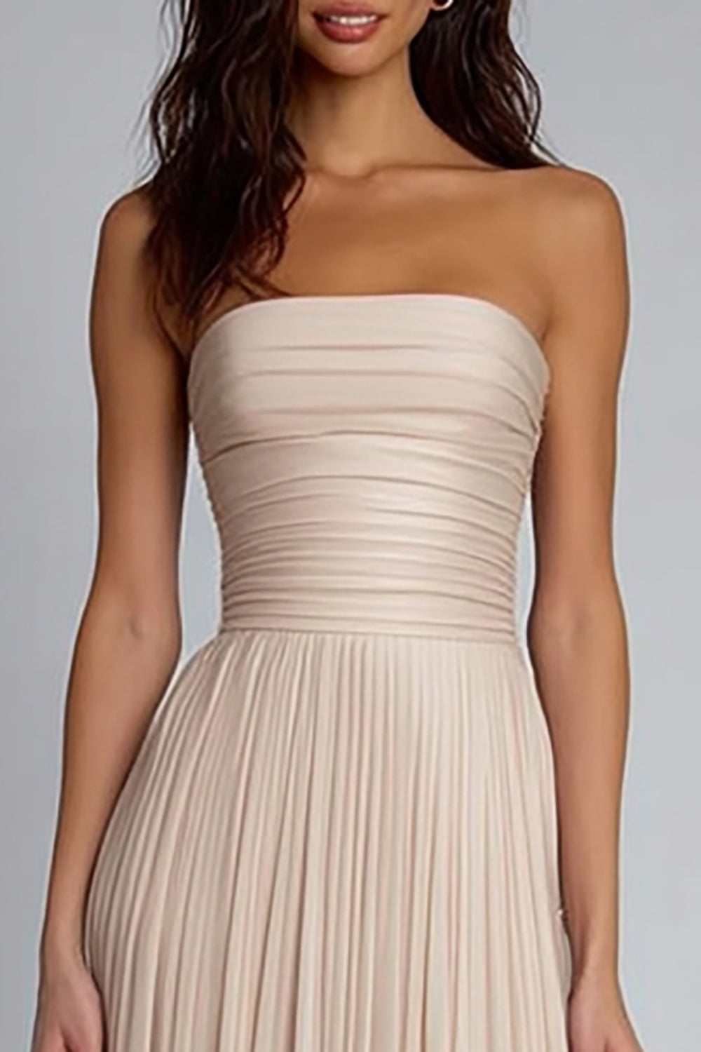 Champagne Pleated Sheath Strapless Long Bridesmaid Dress