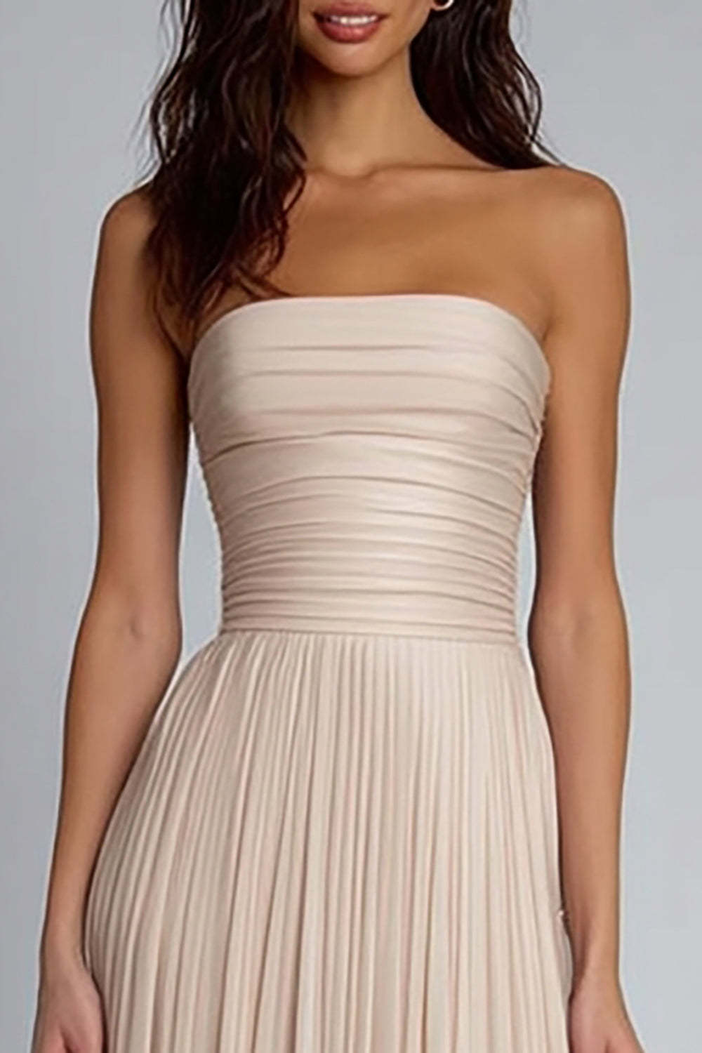 Champagne Pleated Sheath Strapless Long Bridesmaid Dress