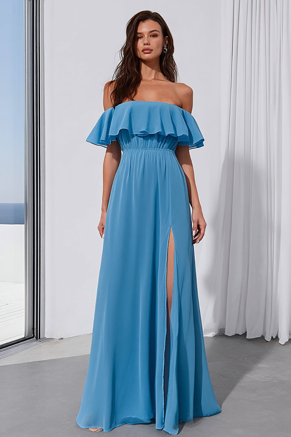 Leely Women Blue Chiffon Off the Shoulder Long Bridesmaid Dress with Slit A Line Backless Wedding Guest Dress