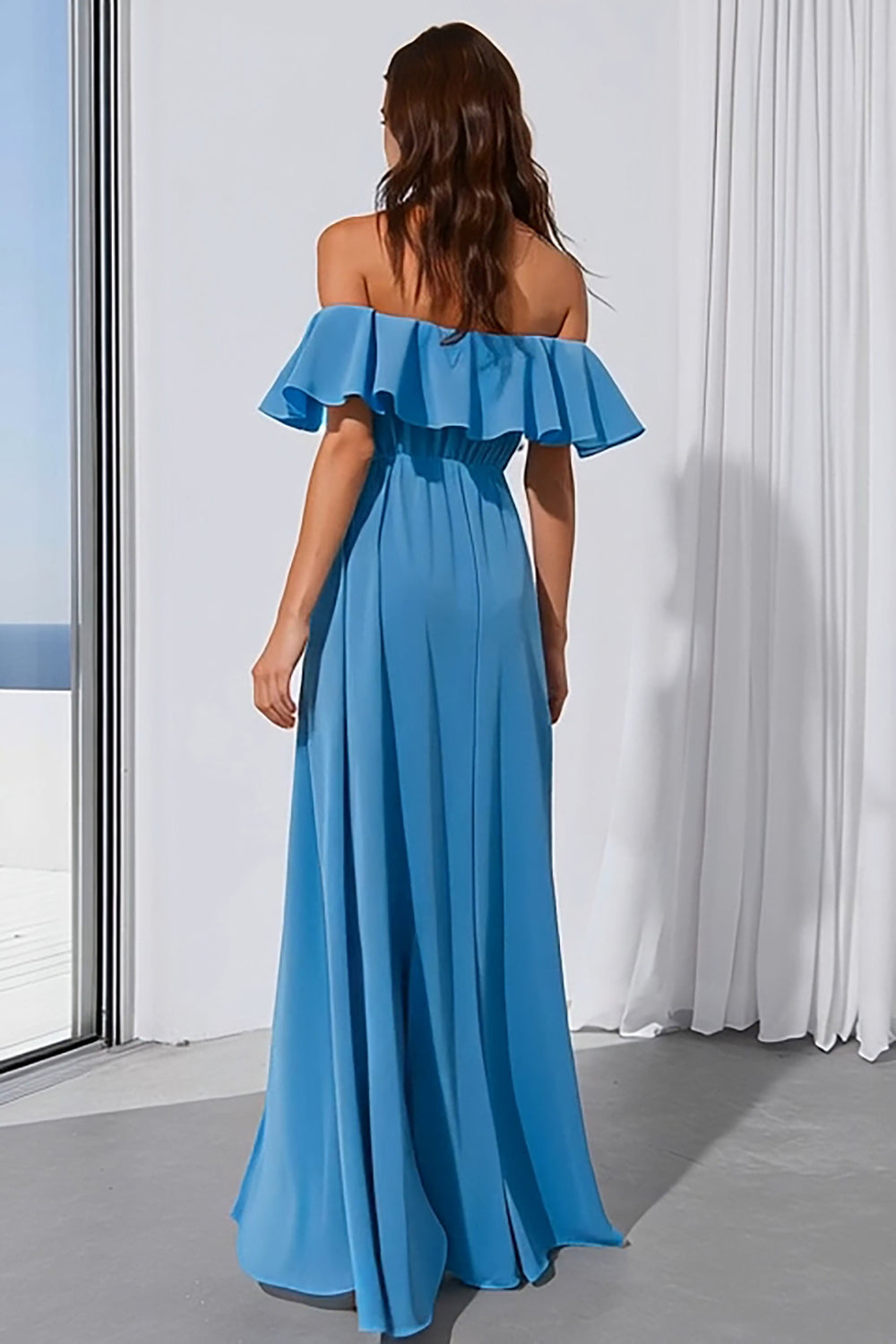 Blue Off the Shoulder A Line Maxi Bridesmaid Dress with Slit