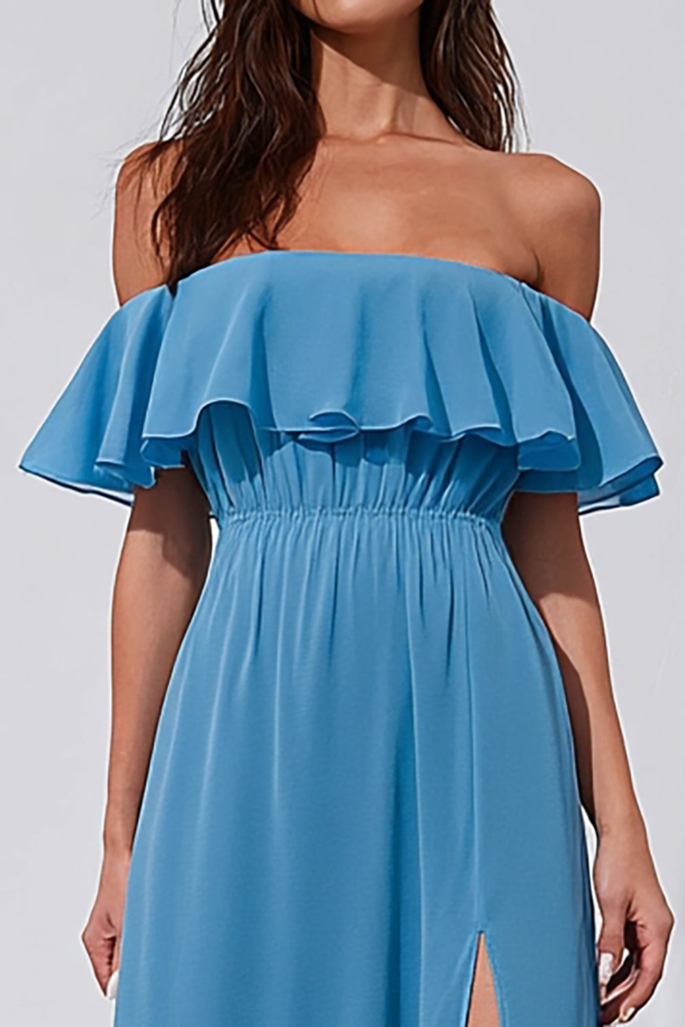 Blue Off the Shoulder A Line Maxi Bridesmaid Dress with Slit