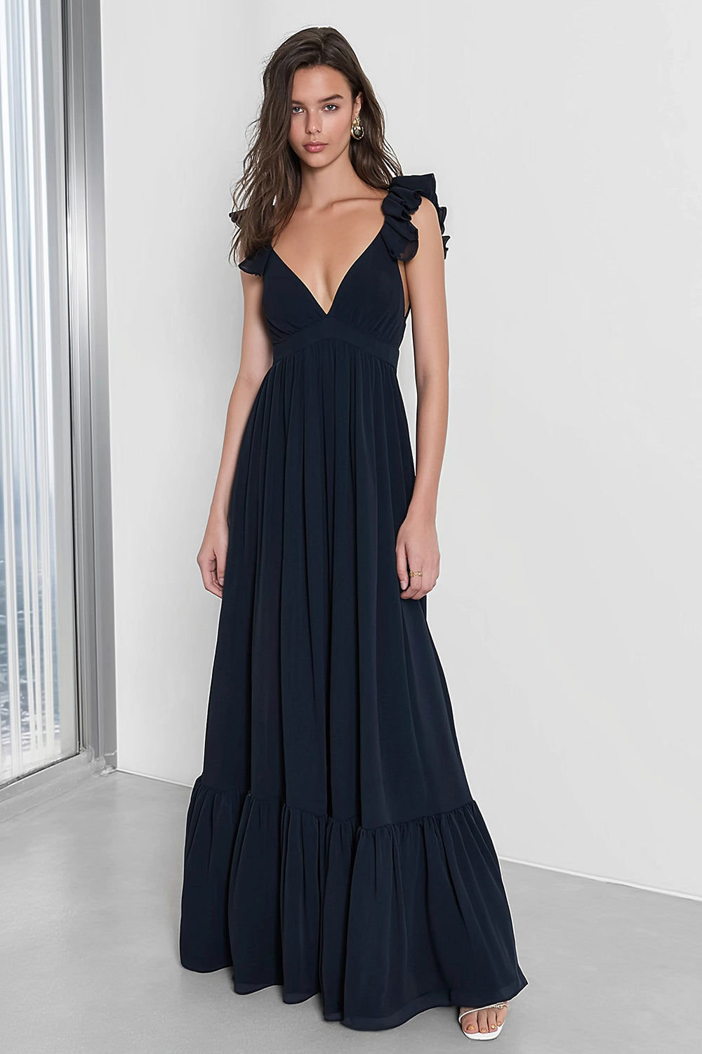 Navy Ruffled V-Neck A Line Backless Long Bridesmaid Dress