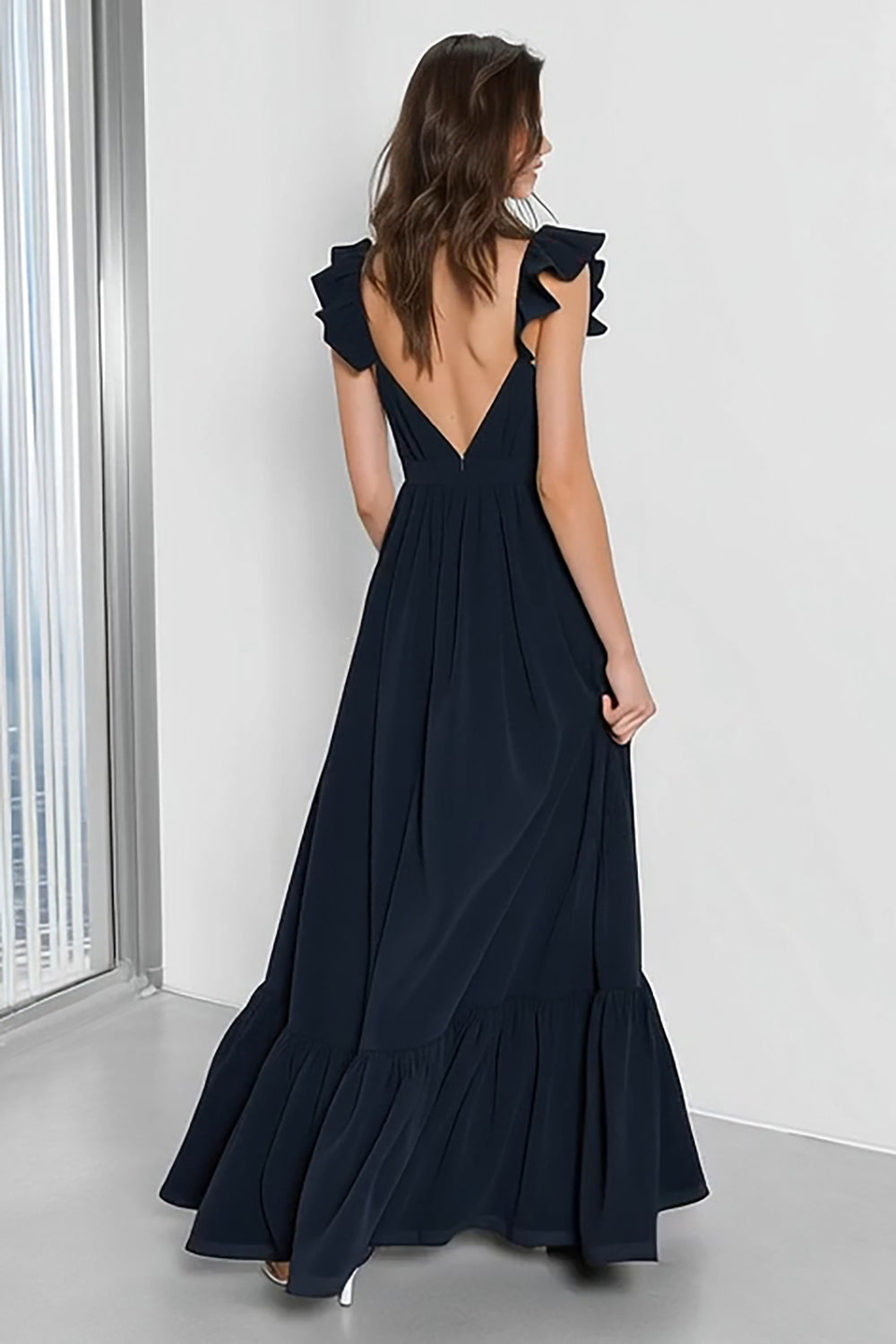 Navy Ruffled V-Neck A Line Backless Long Bridesmaid Dress