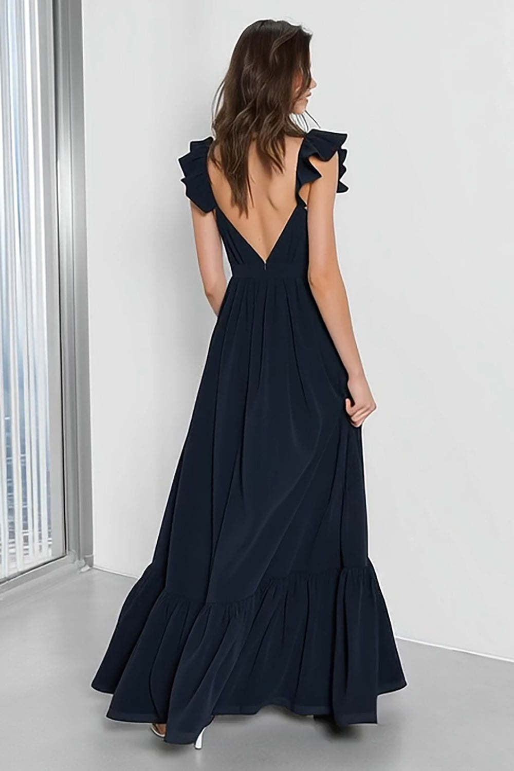 Navy Ruffled V-Neck A Line Backless Long Bridesmaid Dress