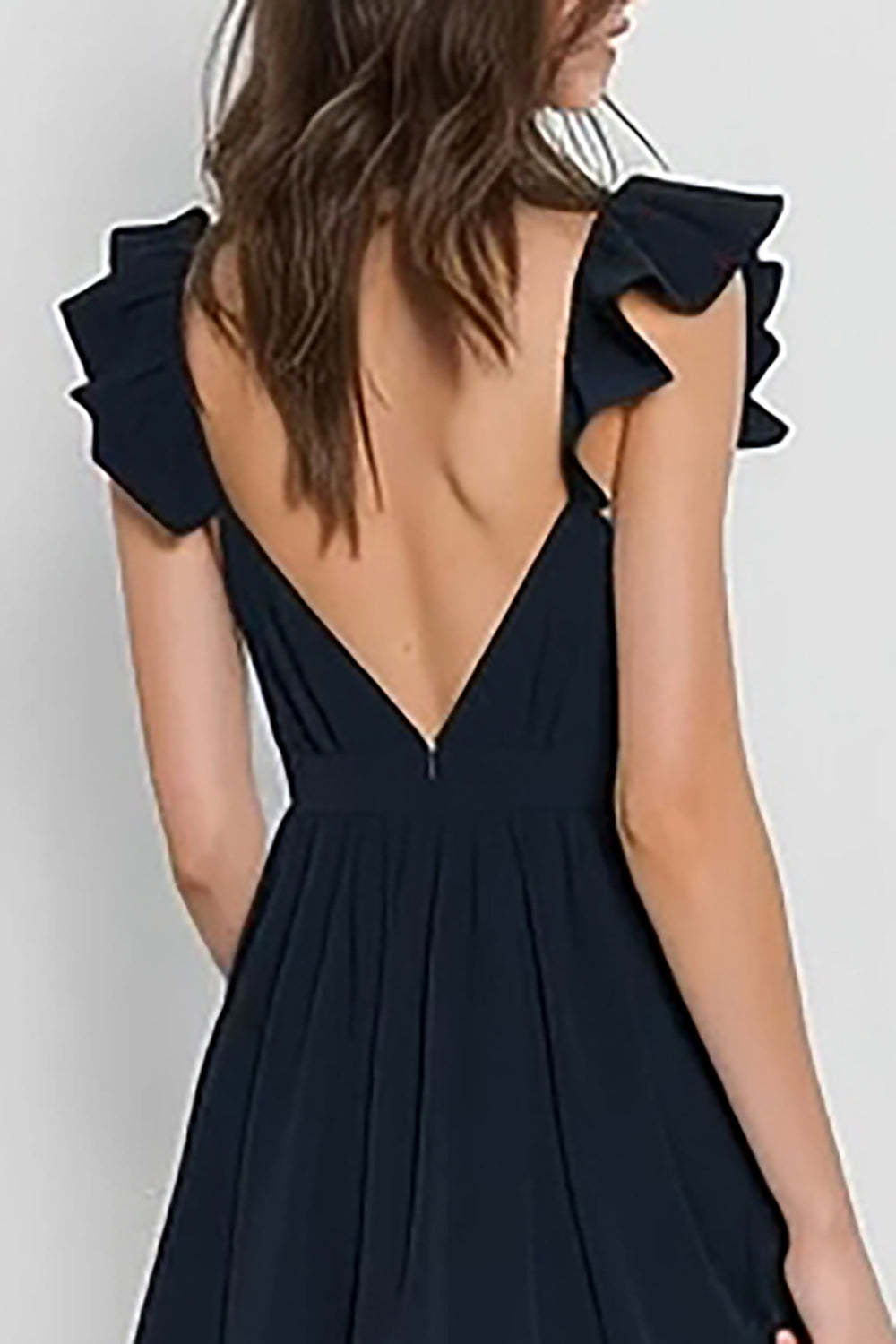 Navy Ruffled V-Neck A Line Backless Long Bridesmaid Dress
