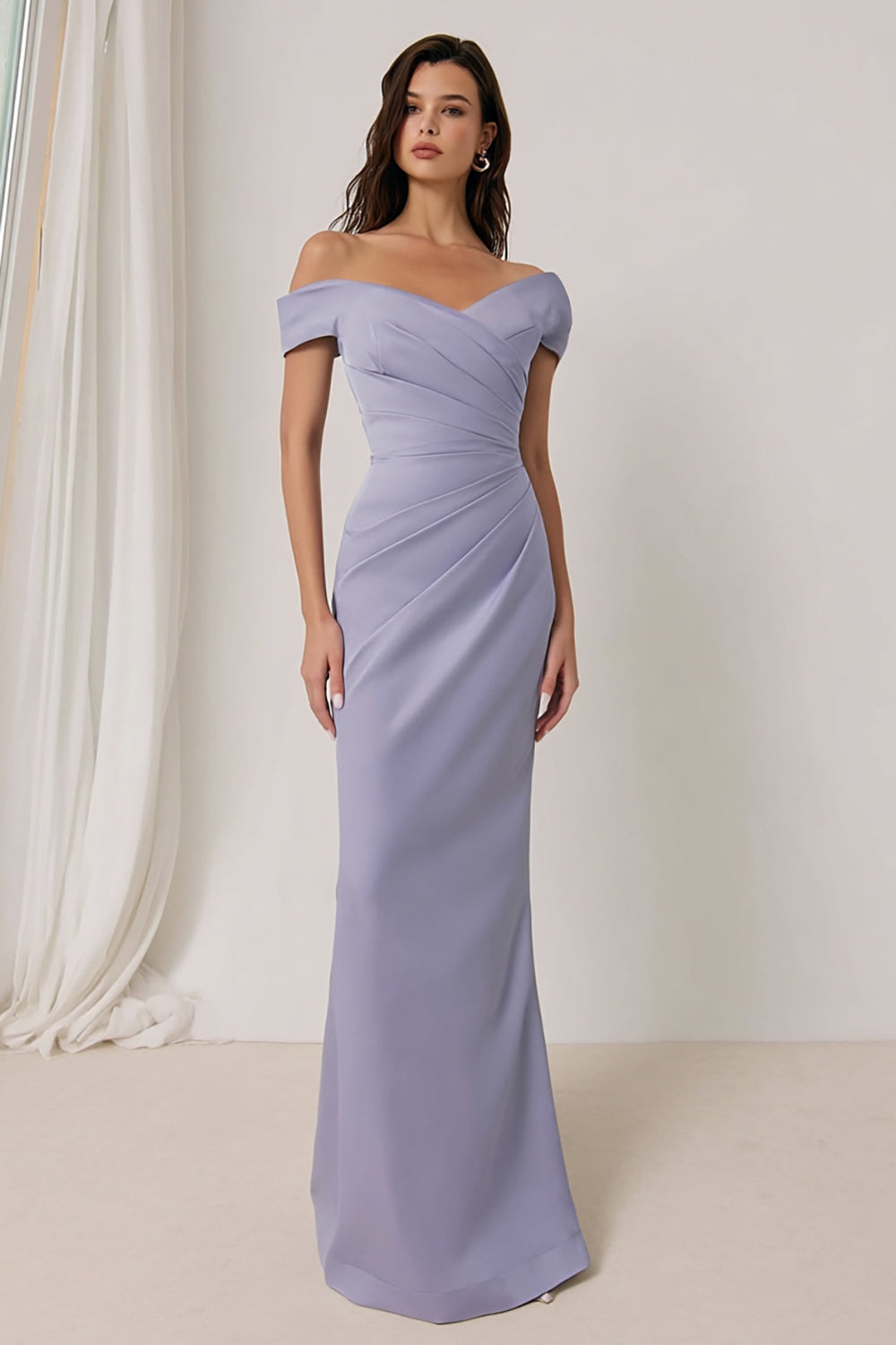 Leely Women Lilac Sheath Long Bridesmaid Dress Off the Shoulder Ruched Backless Wedding Guest Dress