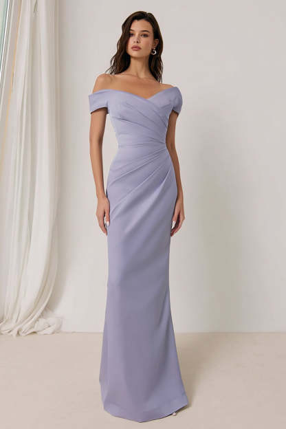 Leely Women Lilac Sheath Long Bridesmaid Dress Off the Shoulder Ruched Backless Wedding Guest Dress