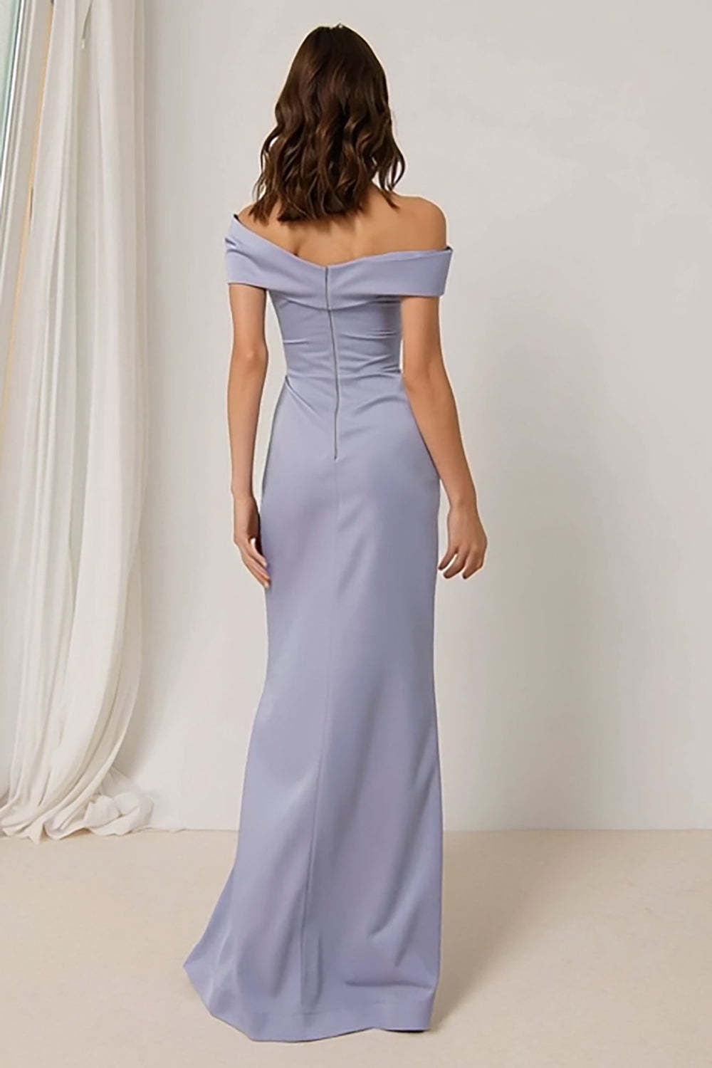 Lilac Off the Shoulder Ruched Sheath Long Bridesmaid Dress