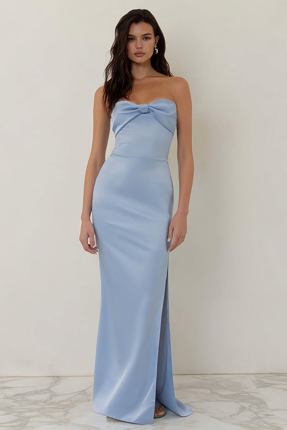 Sky Blue Strapless Sheath Backless Long Bridesmaid Dress with Bow