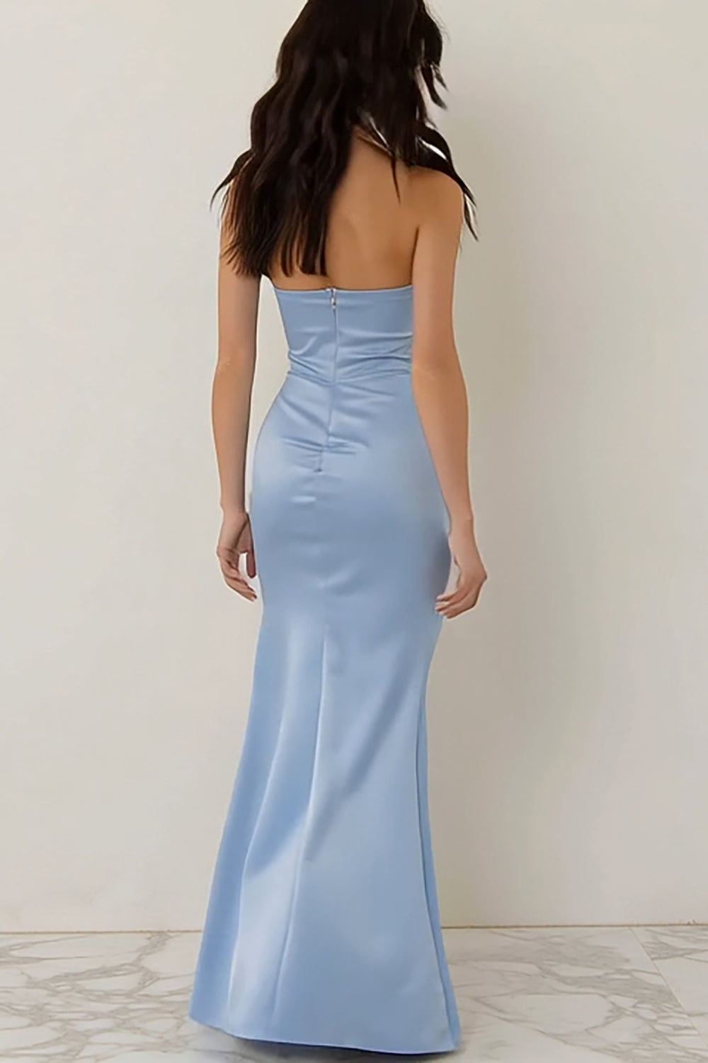 Sky Blue Strapless Sheath Backless Long Bridesmaid Dress with Bow