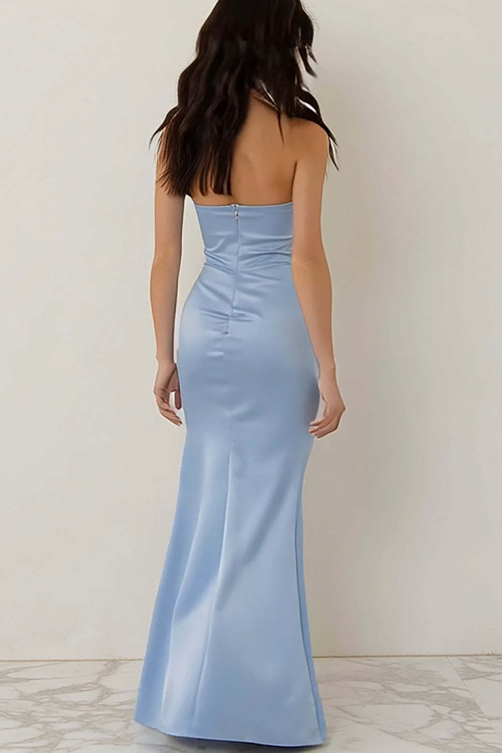 Sky Blue Strapless Sheath Backless Long Bridesmaid Dress with Bow