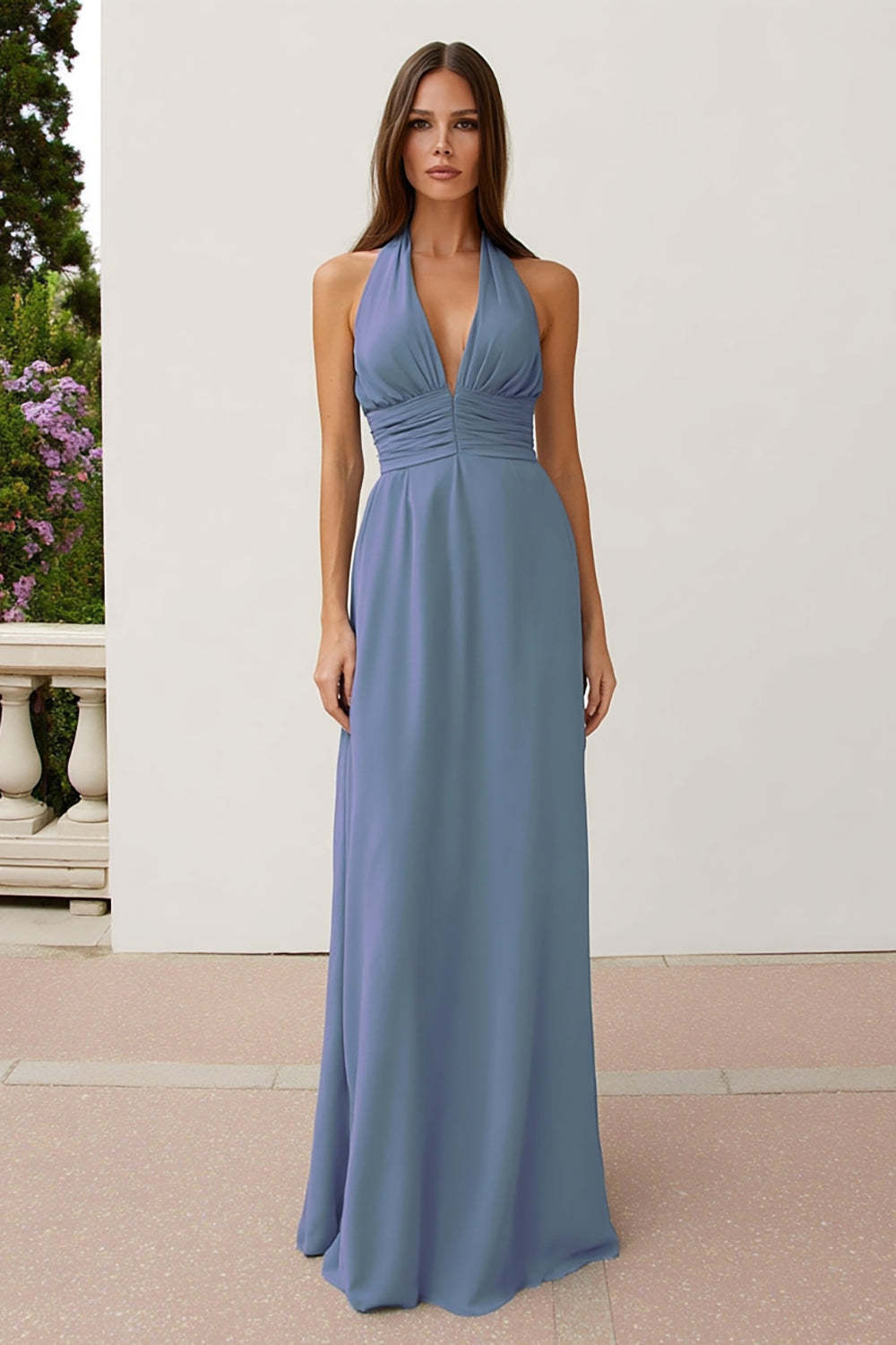 Leely Women Dusty Blue Sheath Maxi Bridesmaid Dress Halter Neck Backless Ruched Wedding Guest Dress