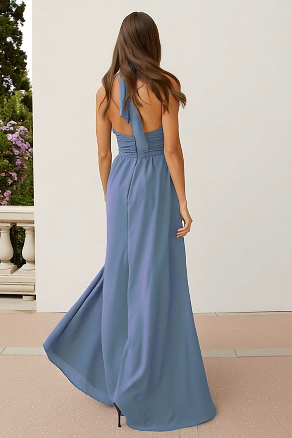 Dusty Blue Halter Neck Backless Sheath Long Bridesmaid Dress