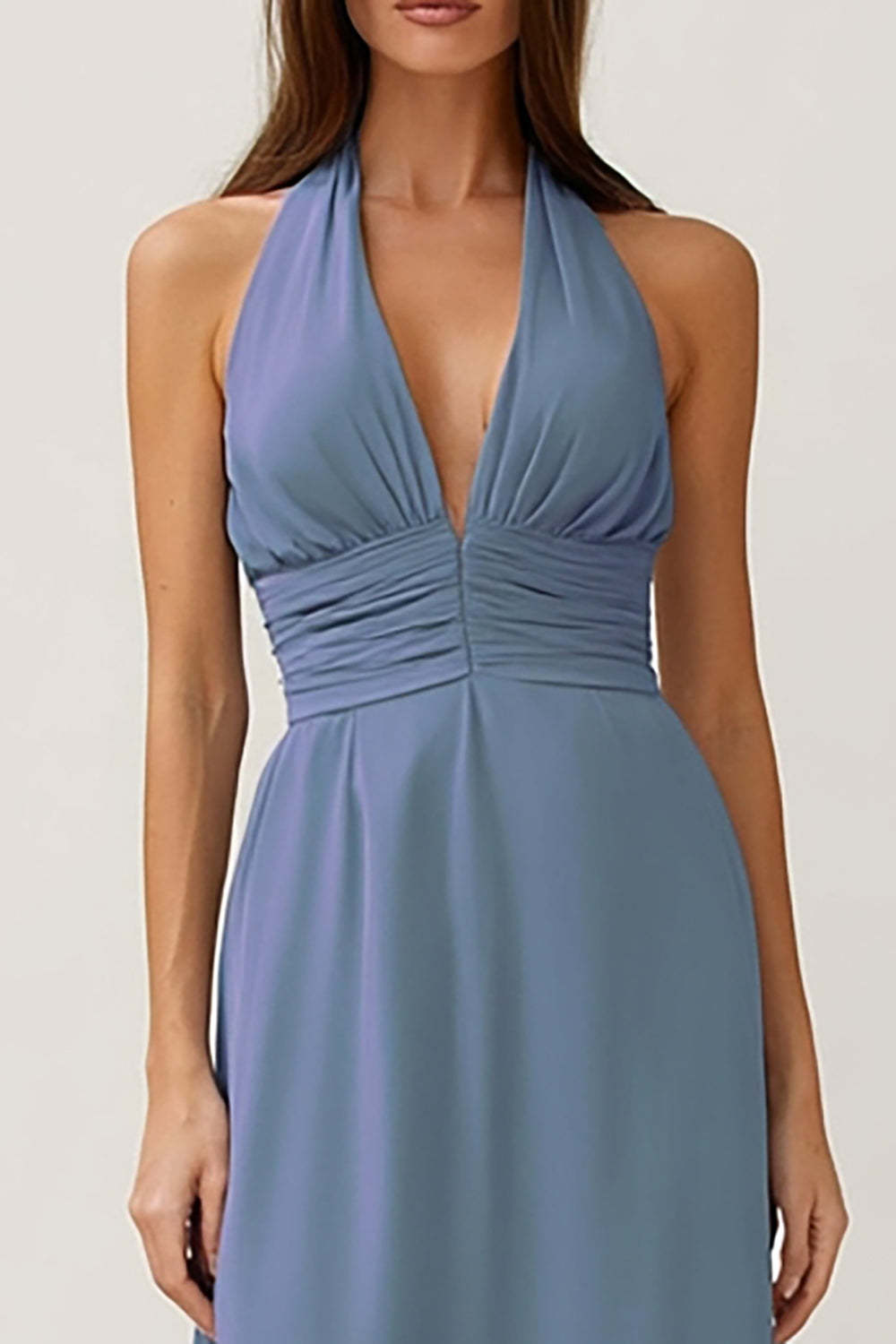 Dusty Blue Halter Neck Backless Sheath Long Bridesmaid Dress