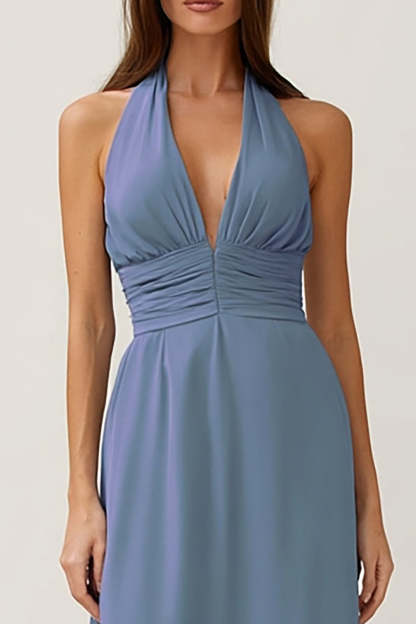 Dusty Blue Halter Neck Backless Sheath Long Bridesmaid Dress