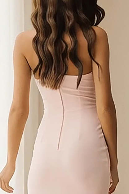 Light Pink Sheath Strapless Long Bridesmaid Dress with Ruffles